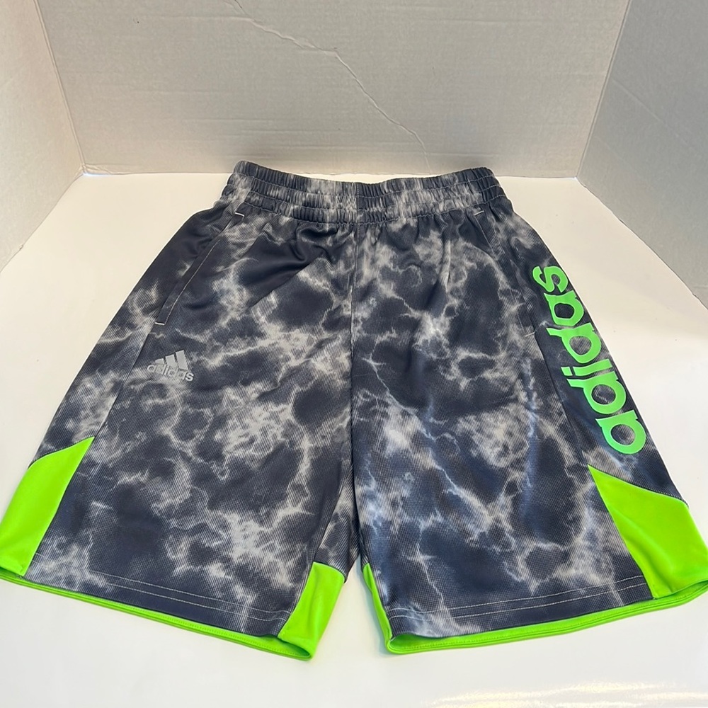 Adidas Boys Size M (10/12) Gray & Neon Green Athletic Shorts